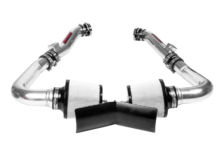Close-up shot of Stillen Gen 3 [V36] Dual Ultra Long Tube Air Intake Kit - Dry Filter for Infiniti G37 Sedan/Q40 [2009-2015] with white background