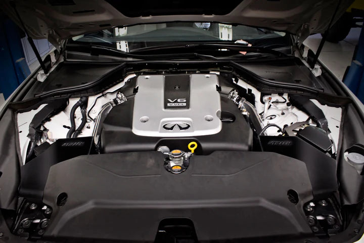 wide shot view of Stillen Gen 2 Air Intake Kit [V37] - Oiled Filter for Infiniti Q50 [2014-2015] fitted inside a car