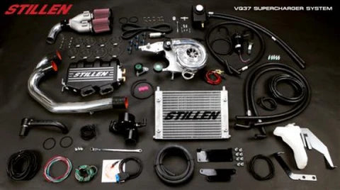 wide view of Stillen Supercharger Tuned System [Polished] for Infiniti G37 Sedan / Q40  2009-2015 with black background