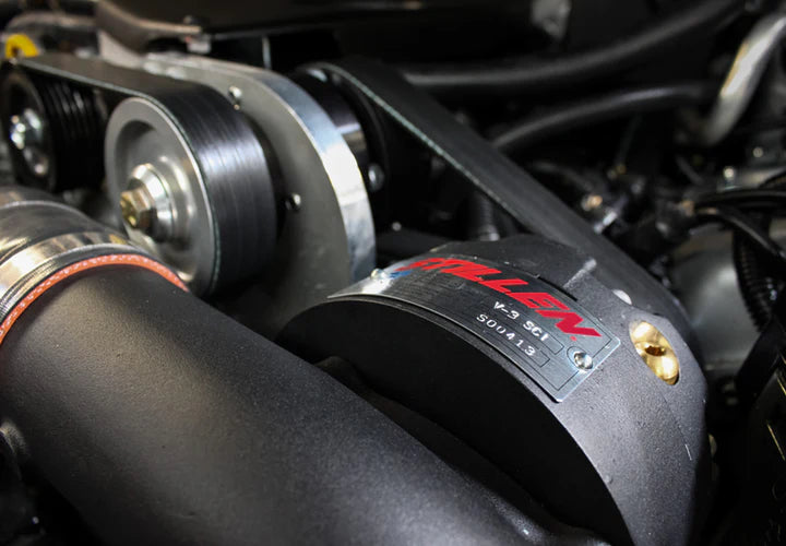 Close view of Stillen Supercharger Tuned System [Black] for Infiniti G37 Coupe / Infiniti Q60 2008-2014 fitted inside a car