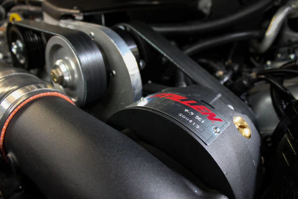 close view of Stillen Supercharger Tuned System [Black] for Nissan 370Z [Z34] 2012-2014 fitted inside a car