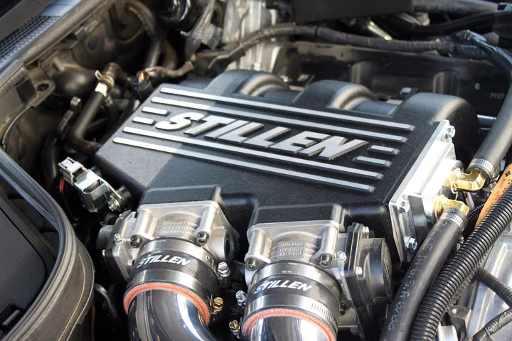 close view of Stillen Supercharger Tuned System [Satin] for Infiniti Q50 2014-2015 fitted inside a car