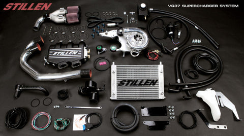 Wide view of Stillen Supercharger Tuner Kit [Polished] for Nissan 370Z [Z34] Nismo 2009-2011 with black background