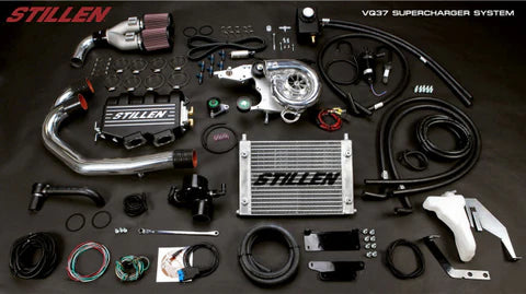 Wide view of Stillen Supercharger Tuned System [Satin] for Infiniti G37 Coupe / Infiniti Q60 2008-2014 with black background