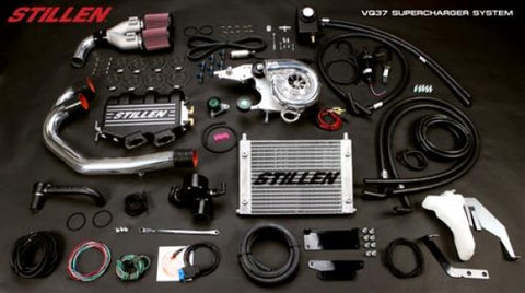 wide view of Stillen Supercharger Tuned System [Polished] for Nissan 370Z [Z34] and Infiniti G37 2007-2014 with black background