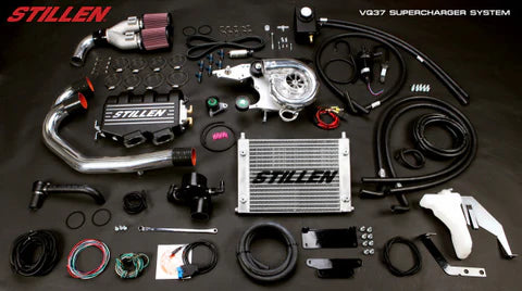 wide view of Stillen Supercharger - Tuner Kit [Satin] for Nissan 370Z [Z34] Nismo 2012-2014 with black background