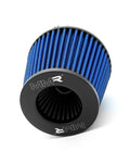 Blue cotton-gauze intake filter viewed at an angle