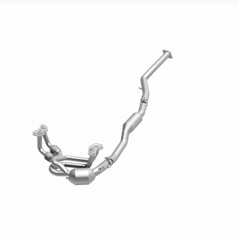 MagnaFlow 23-184 oem grade manifold converter, opposite front three-quarter view of the turntable spin