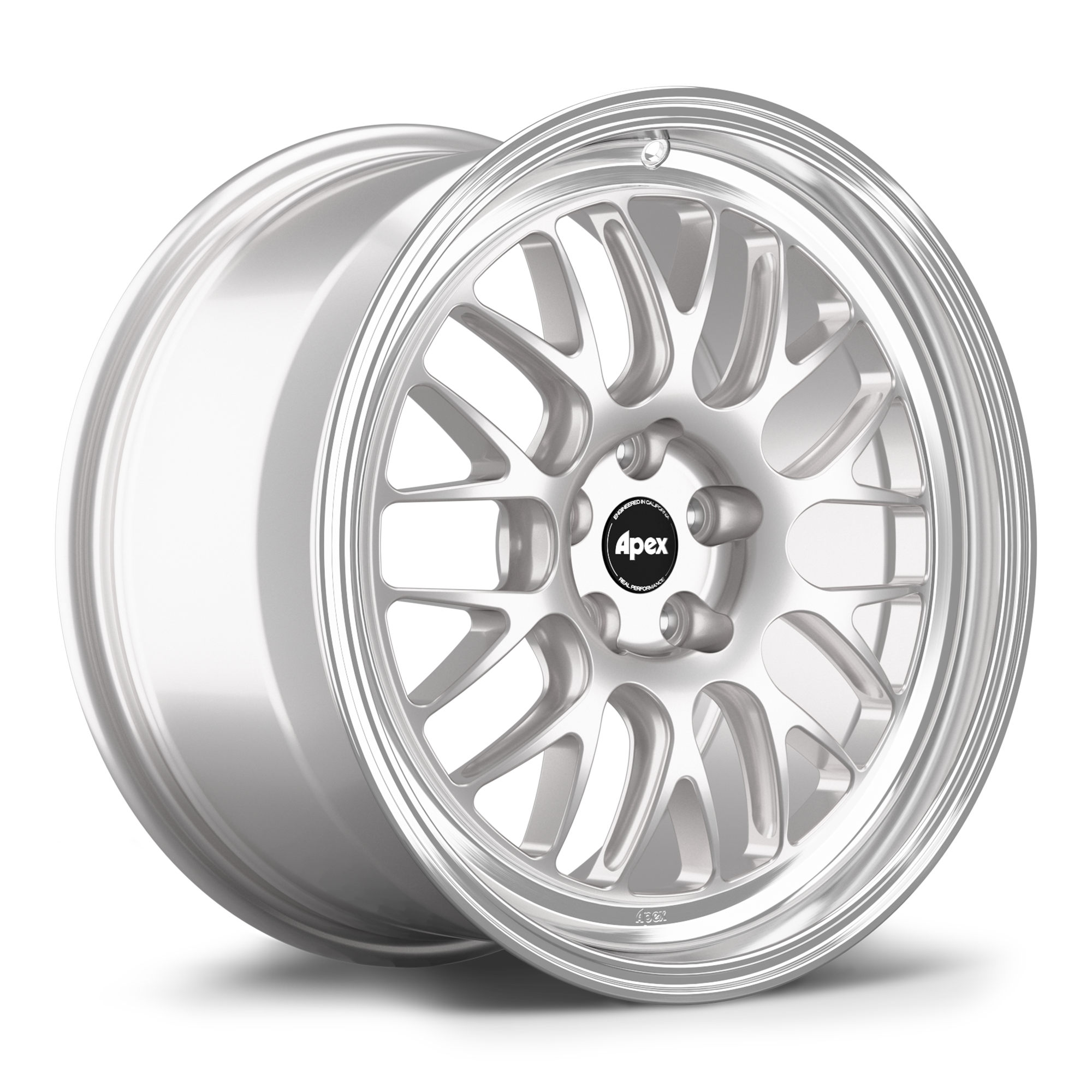 Silver aluminum wheel with multi-spoke design and polished lip shown at angle on white background - APEX Wheels wheel for 17x9 ET42 5x100 - Race Silver - Machined Lip