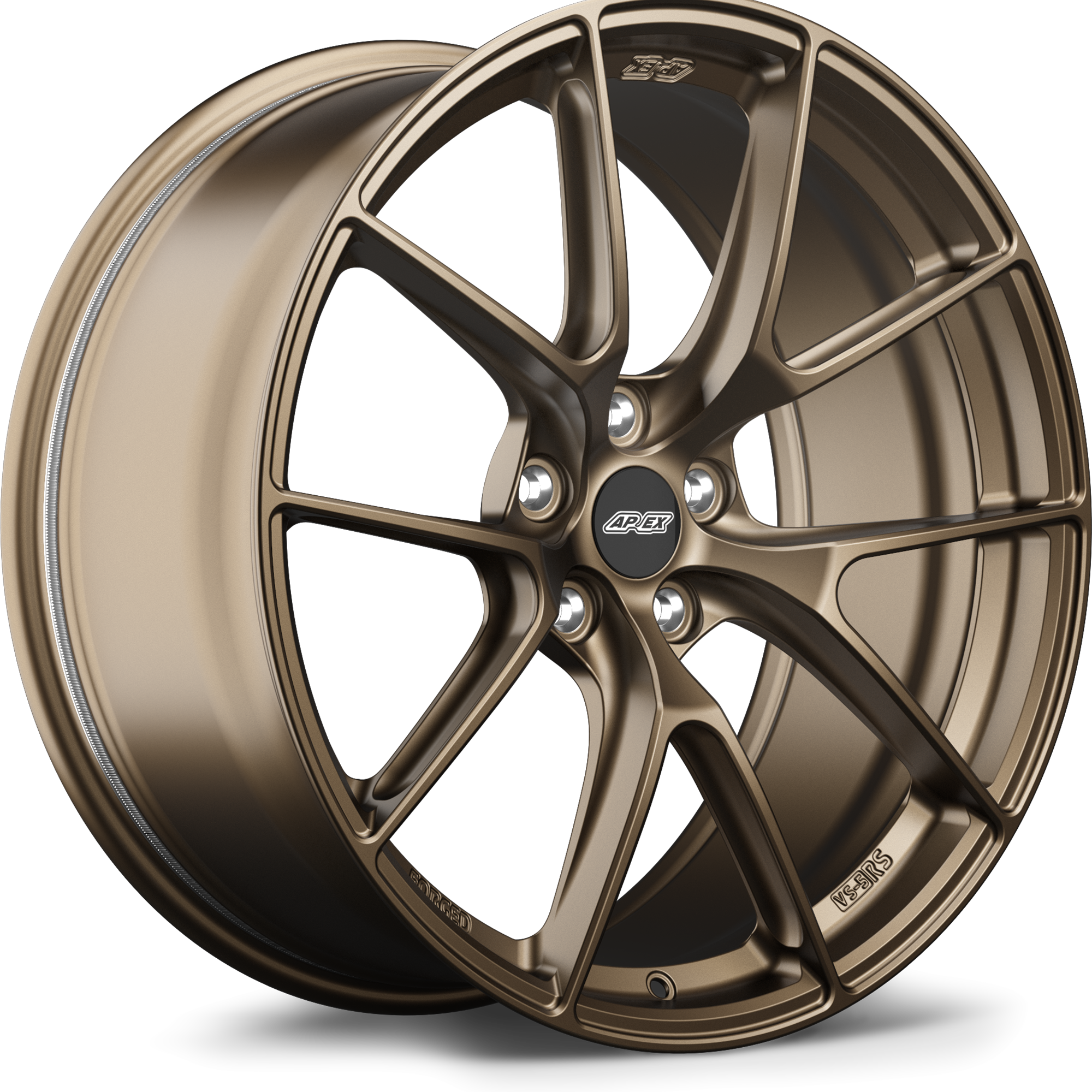 Bronze finished alloy wheel with five-spoke Y-design, center cap, and five bolt mounting pattern on white background - APEX Wheels wheel for 20x10 ET35 5x114.3 - Satin Bronze
