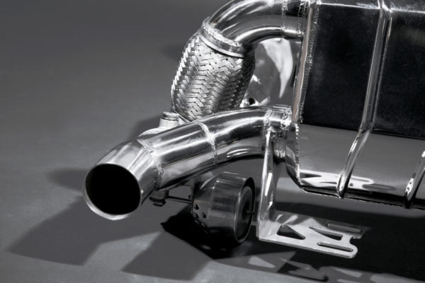 close view of Capristo Valved Exhaust with Cat Spares for Ferrari 430 Scuderia / 16M 2007-2009 with black background