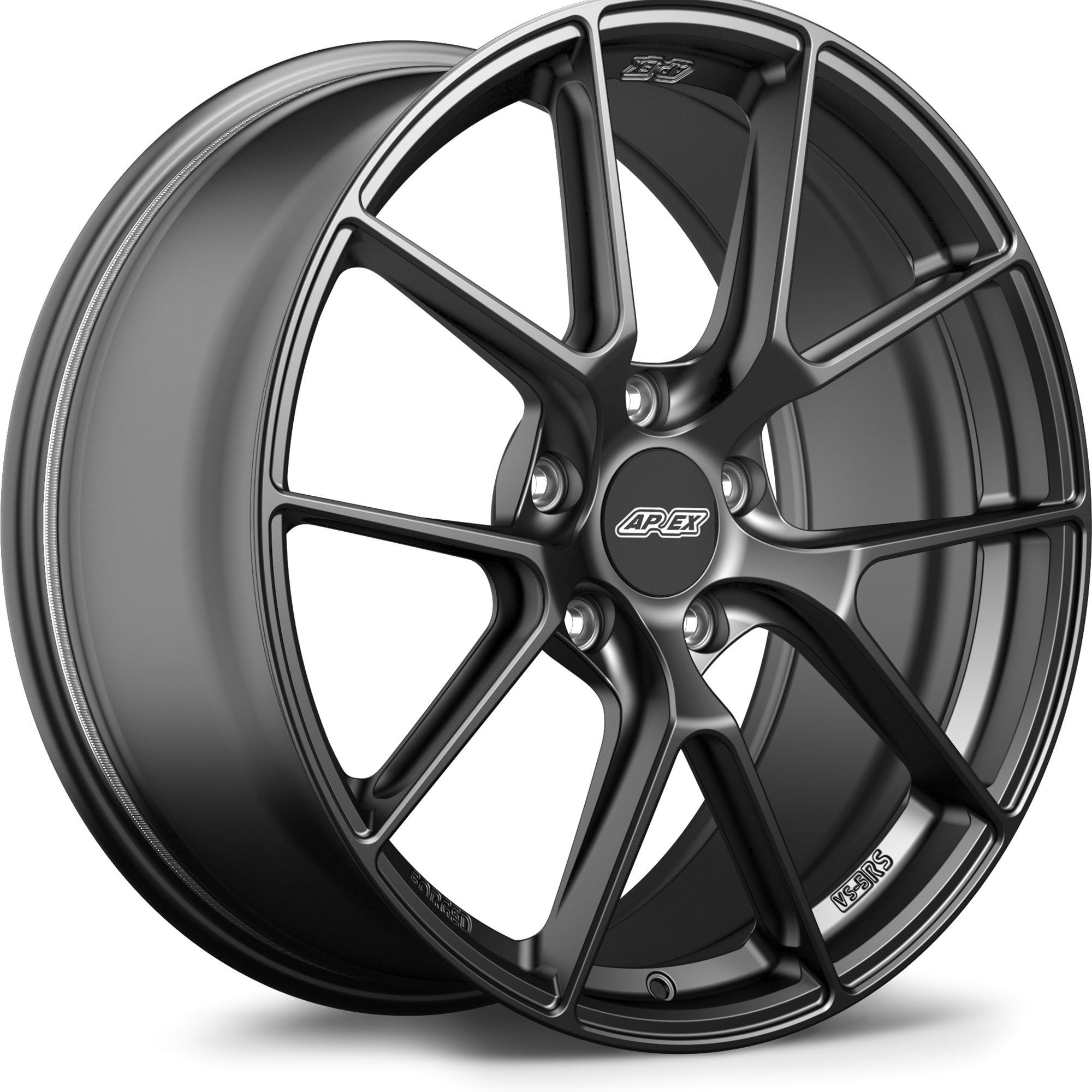 Gunmetal gray alloy wheel with split-spoke design and center cap on white background - APEX Wheels wheel for 20x9 ET41 5x130 - Satin Black