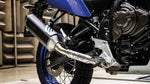 Remus Yamaha Tenere 700 Slip-On Exhaust Black, black silencer installed on an adventure bike, close-up