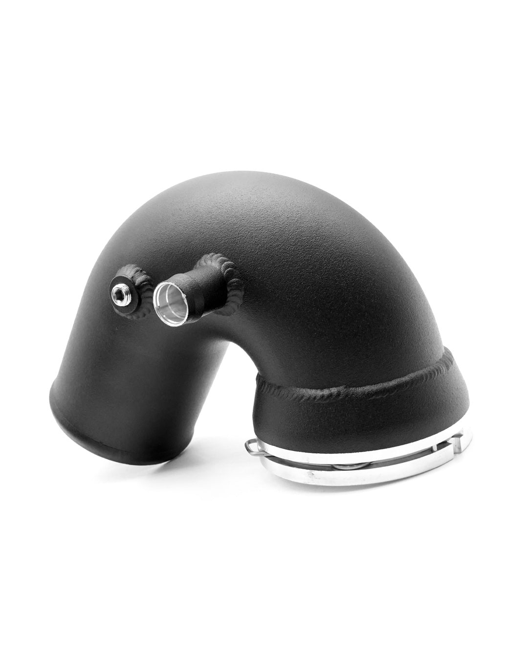 Black charge pipe elbow with clamp at the lower connection