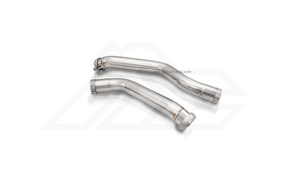 A top view of Fi EXHAUST Valvetronic Cat-Back System for BMW G26 M440i Gran Coupe B58 2021+ downpipe with white background