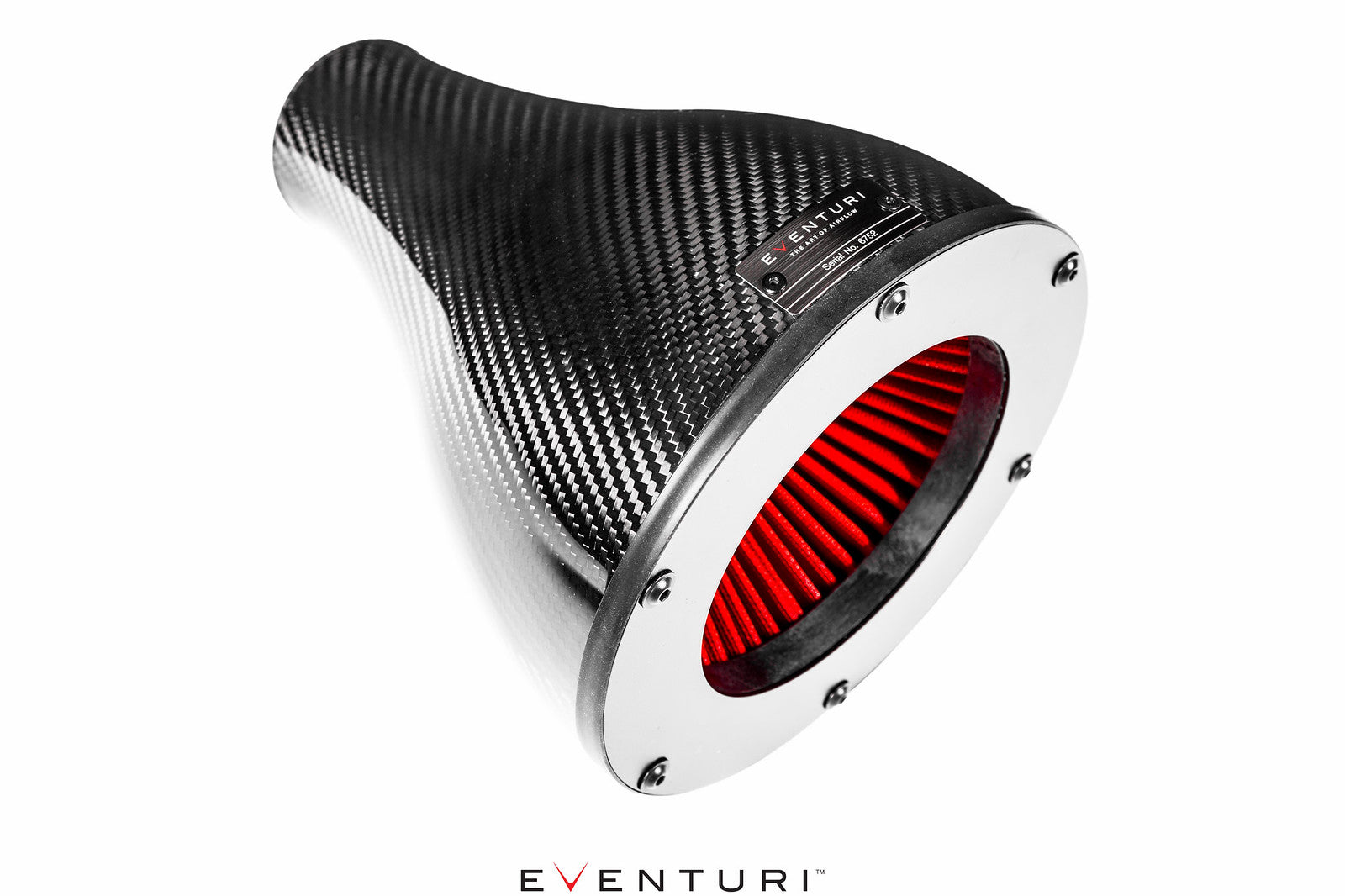 Conical carbon fiber intake filter with red pleated element and aluminum mounting flange on clean white background - Eventuri intake for Audi B9 RS5