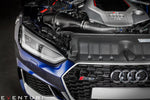 Carbon fiber intake system installed in blue Audi RS5 engine bay with curved intake tubes and airbox - Eventuri intake for Audi B9 RS5