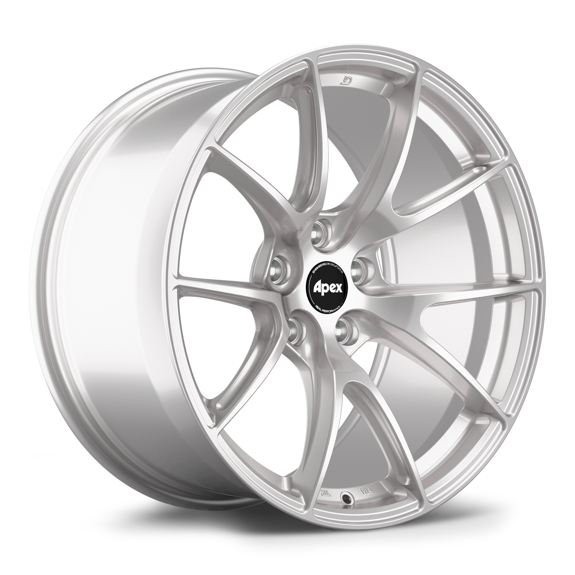 Silver alloy wheel with ten-spoke design and black center cap with white logo, shown at angle on white background - APEX Wheels wheel for 19x9.5 ET22 5x120 - Race Silver