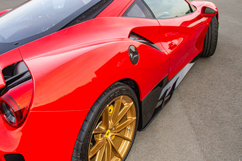 Capristo carbon side skirt and winglets on Ferrari 488 Pista, rear angle