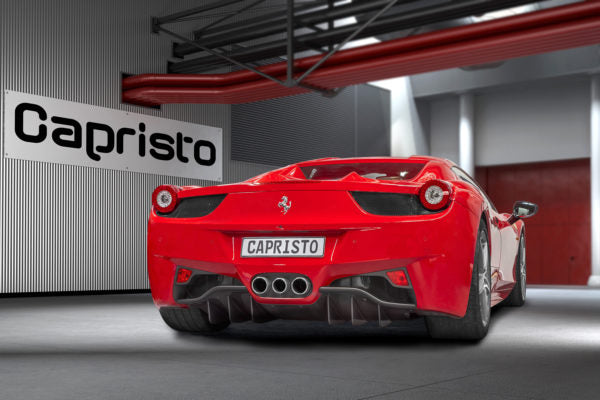 wide view of Capristo Carbon Rear Diffuser (Matte) for Ferrari 458 Italia/Spider 2009-2015 fitted inside a car