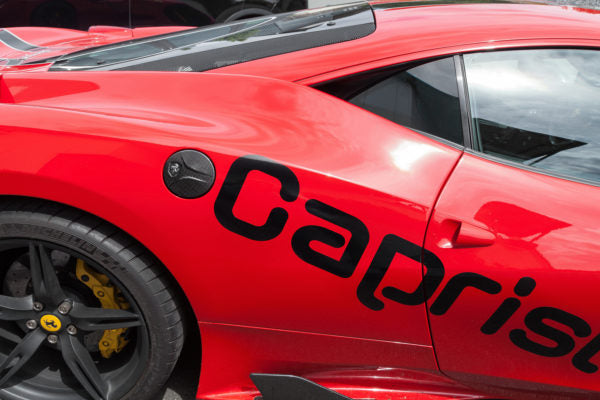 wide view of Capristo Carbon Gas Cap (Matte) for Ferrari 458 2009-2015 fitted inside a car