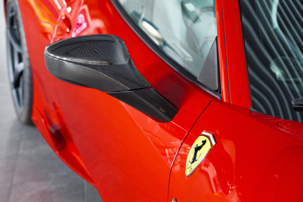 close view of Capristo Carbon Mirror Cases (Matte) for Ferrari 458 2009-2015 fitted in car