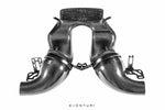 Carbon fiber intake system with curved ducting, air filter housing, and metal mounting brackets on white background - Eventuri intake for Porsche 911