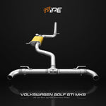 IPE stainless steel cat-back exhaust for the Volkswagen Golf GTI Mk8 with gold-wrapped muffler, shown from above on a black background