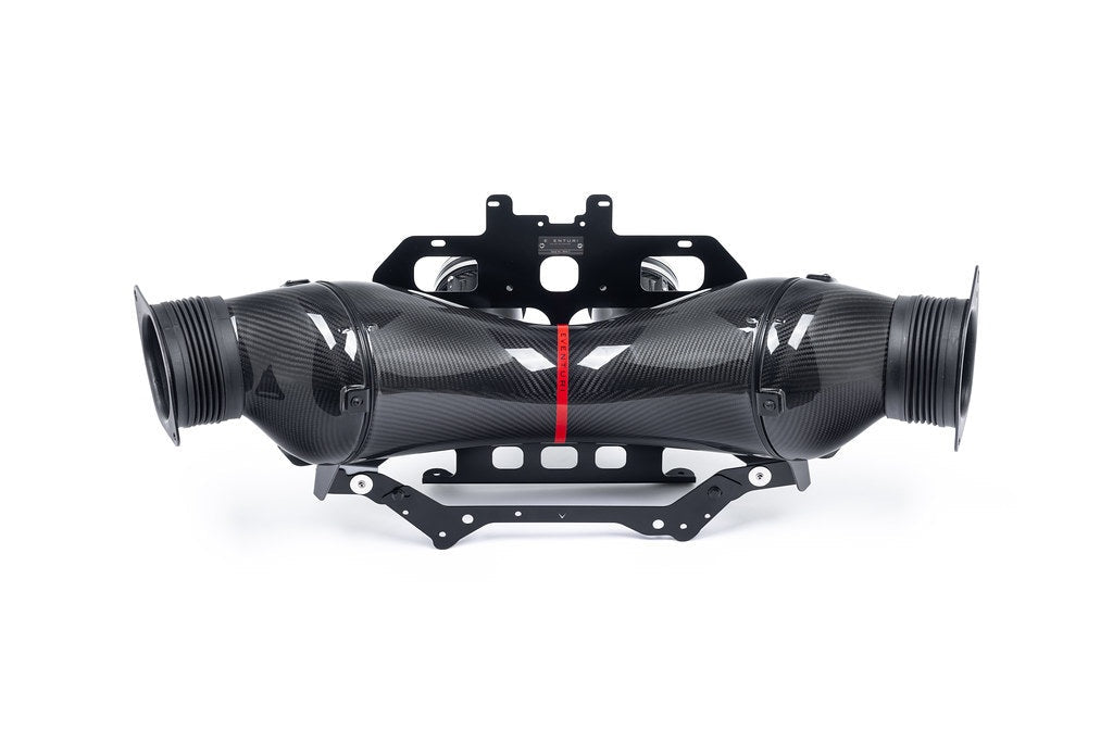Carbon fiber intake assembly with twin curved tubes, black metal mounting brackets, and red center accent stripe on white background - Eventuri intake for Chevrolet Corvette Z06