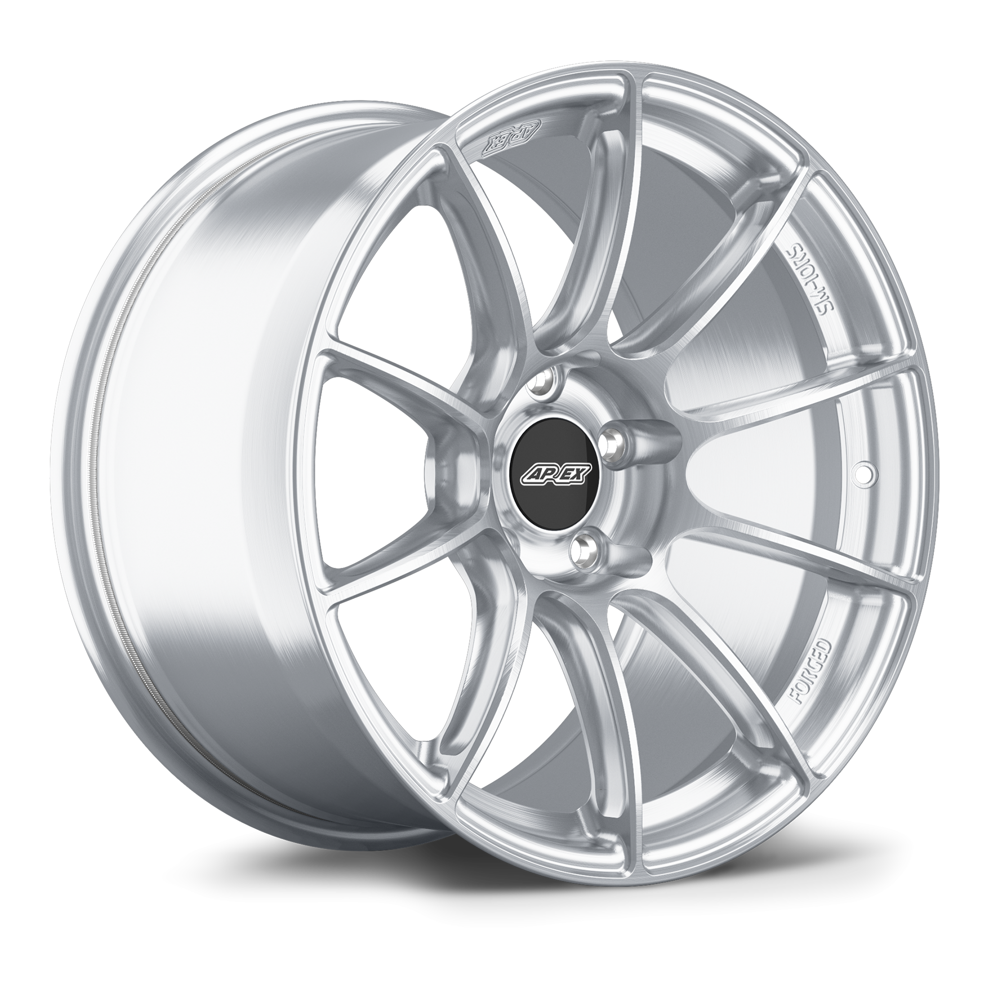 Two silver alloy wheels with ten-spoke design and brushed finish, showing front and angled views with center caps - APEX Wheels wheel for 18x9.5 ET22 5x120 - Brushed Clear