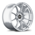 Two silver alloy wheels with ten-spoke design and brushed finish, showing front and angled views with center caps - APEX Wheels wheel for 18x9.5 ET22 5x120 - Brushed Clear