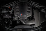 Top view of the Eventuri gloss plenum fitted to the S65 V8, M V8 emblem centered