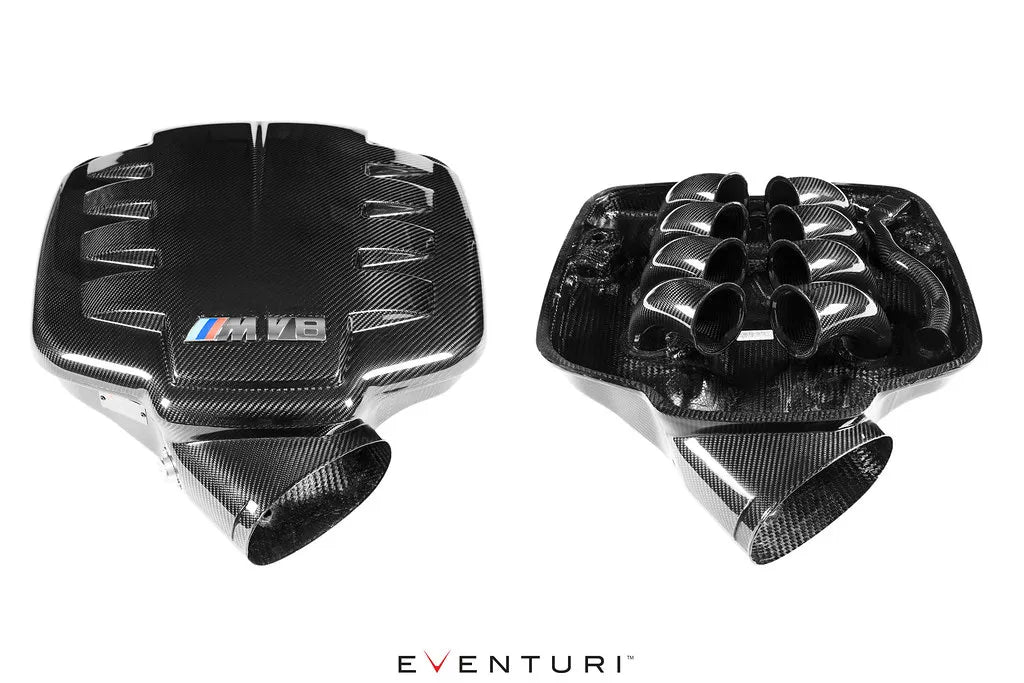 Eventuri gloss E9X plenum with M V8 lid fitted, beside an open view of its eight carbon trumpets