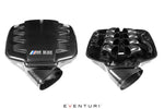 Eventuri gloss E9X plenum with M V8 lid fitted, beside an open view of its eight carbon trumpets