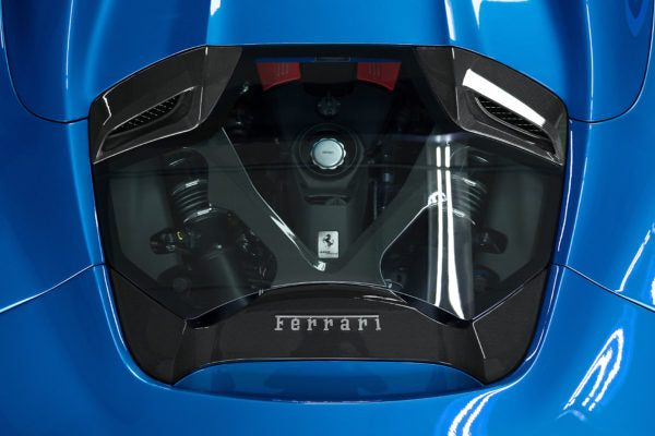 close view of Capistro Carbon and Glass Bonnet (Matte) for Ferrari 488 GTS / Pista 2015-2019 fitted inside a car