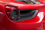 close view of Capistro Carbon Tail Light Covers (Matte) for Ferrari 488 GTB 2015-2019 fitted inside a car