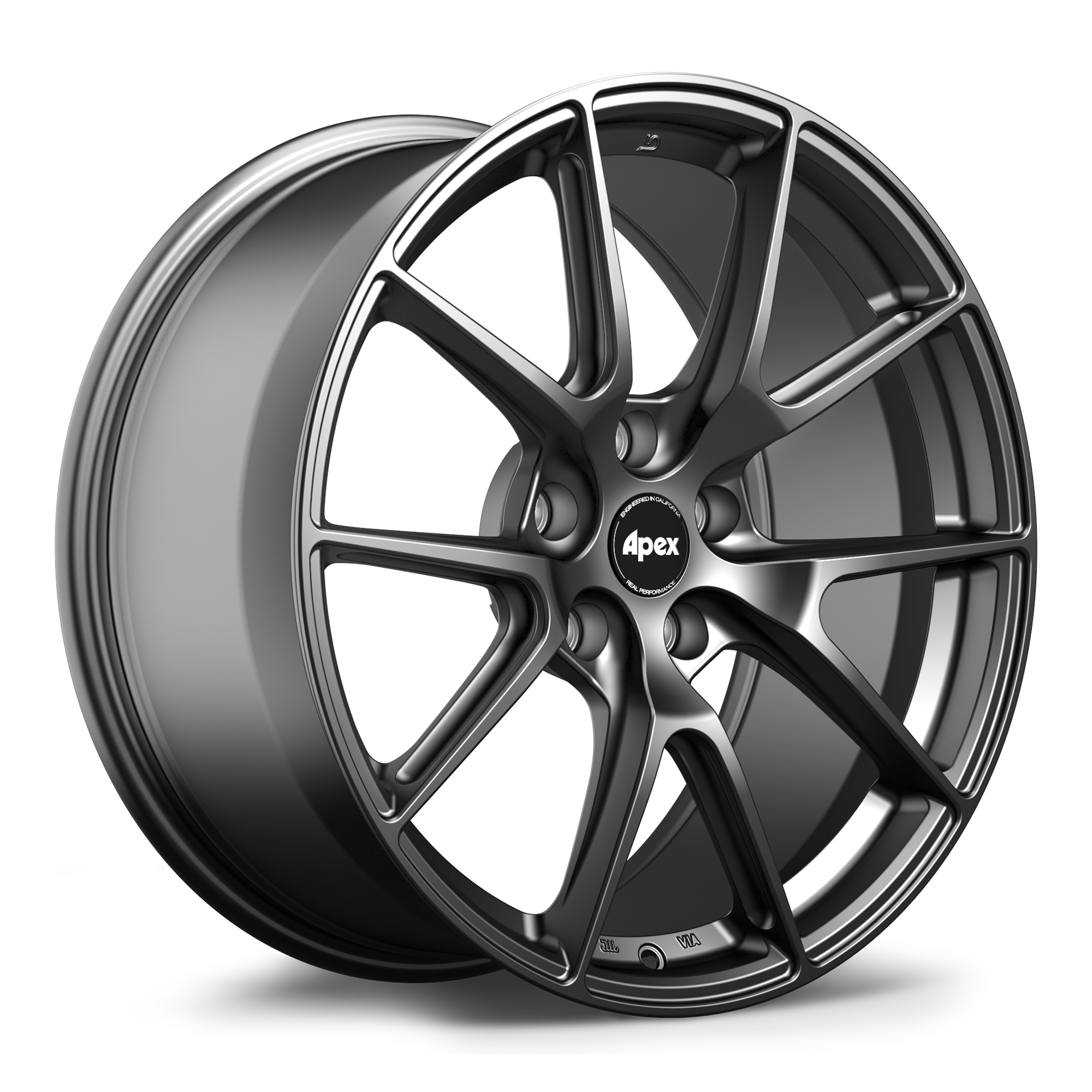 Single gunmetal alloy wheel with ten-spoke design and center cap on clean white background - APEX Wheels wheel for 19x9 ET32 5x112 - Satin Black