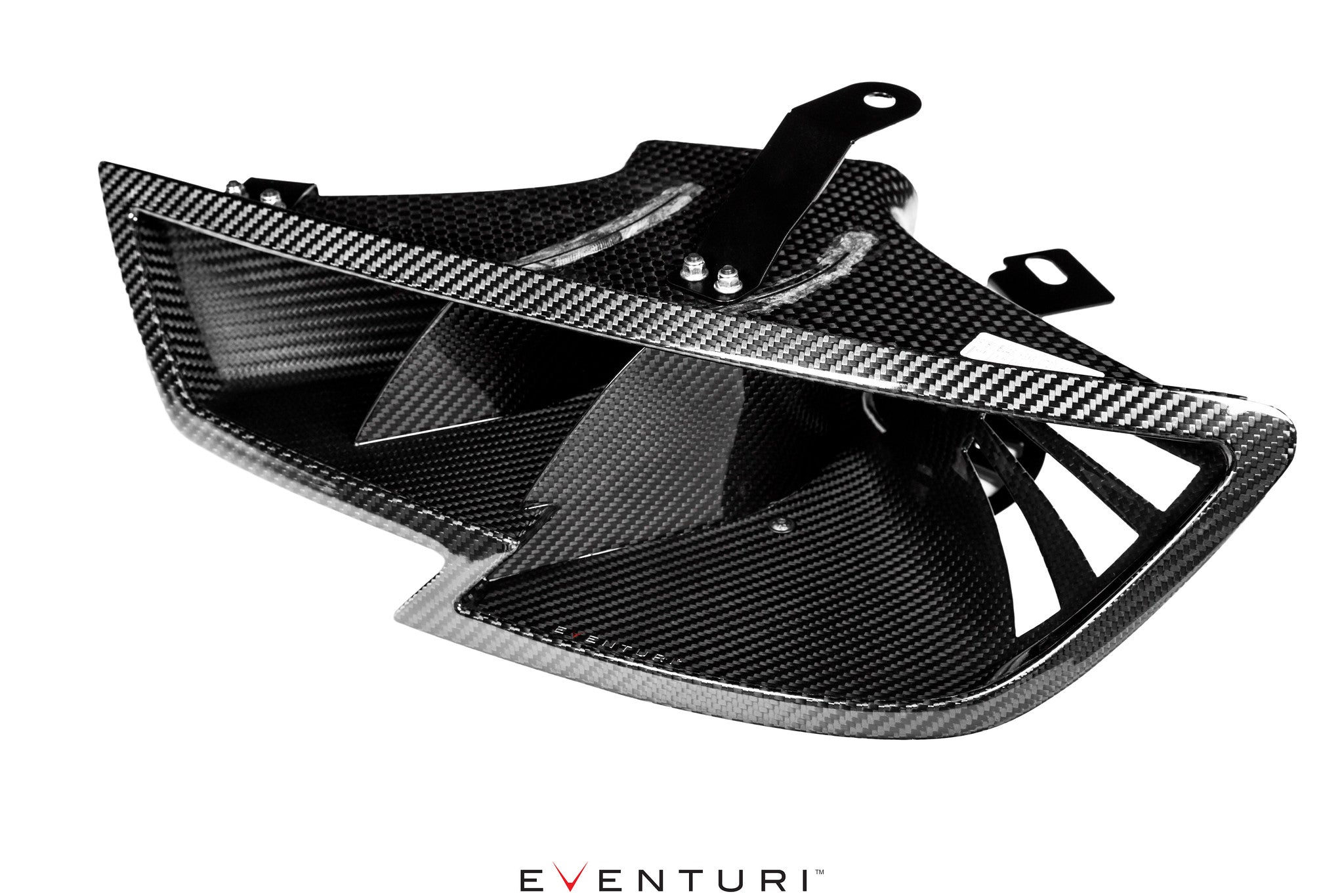 Black carbon fiber headlamp race duct with angular air intake openings and mounting brackets - Eventuri headlamp race duct for Audi RS3