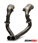 RennTech downpipes for the Aston Martin Vantage V8 standing upright - Downpipes for the 2018-2026 Aston Martin Vantage and DB11 V8