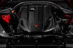 GR Supra 3.0 engine bay from the front with the Eventuri carbon airbox and tube fitted