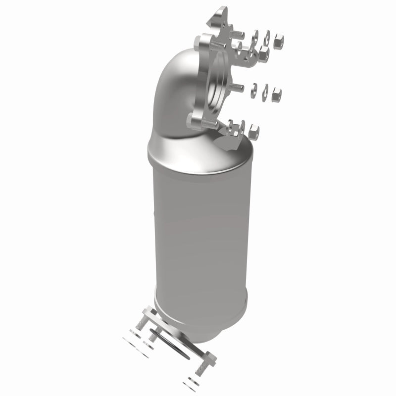 MagnaFlow 6561120 carb direct-fit catalytic converter, opposite rear three-quarter view of the turntable spin