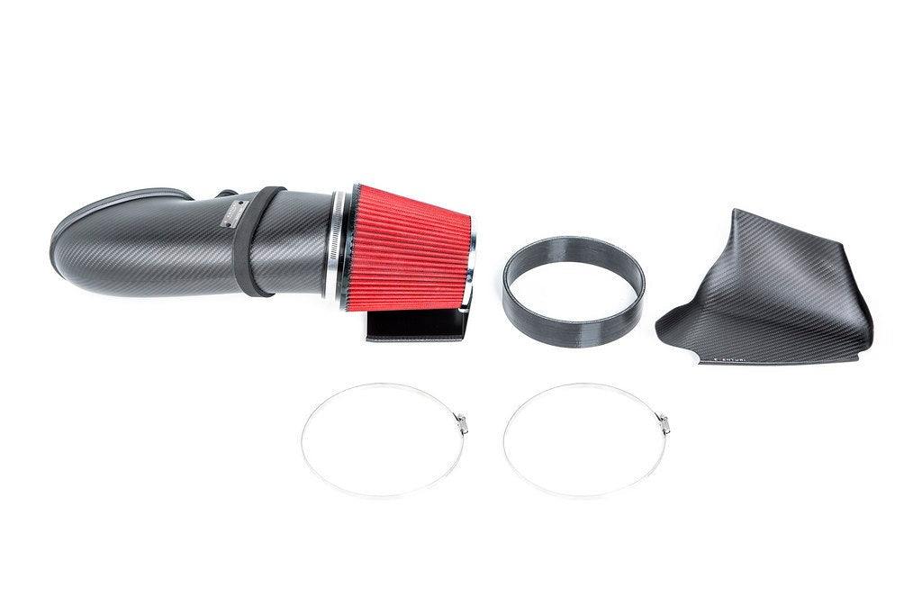 Carbon fiber intake tube with red conical air filter, carbon fiber airbox cover, metal coupling ring and clear protective shields - Eventuri cold air intake for BMW M3
