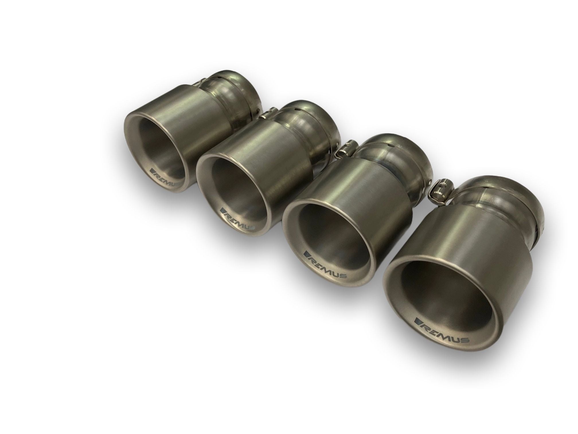 A front wide view of the titanium brushed tips for Remus Exhaust with white background