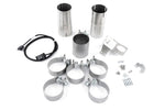 A wide-angle studio shot of the complete  accessories including polished tips for the Dinan Valved Cat-Back Exhaust System. The system is displayed on a white background.