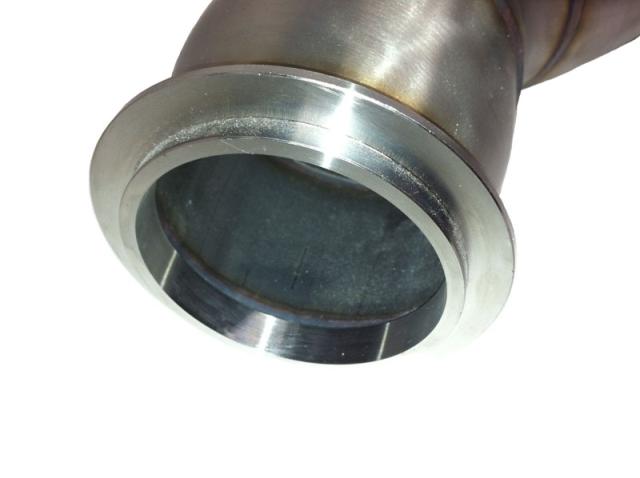 A close up view of Evolution Racewerks Competition Series 4" Catless Downpipe for BMW F30/F32/F33/F20/F21 N55 in Brushed Finish