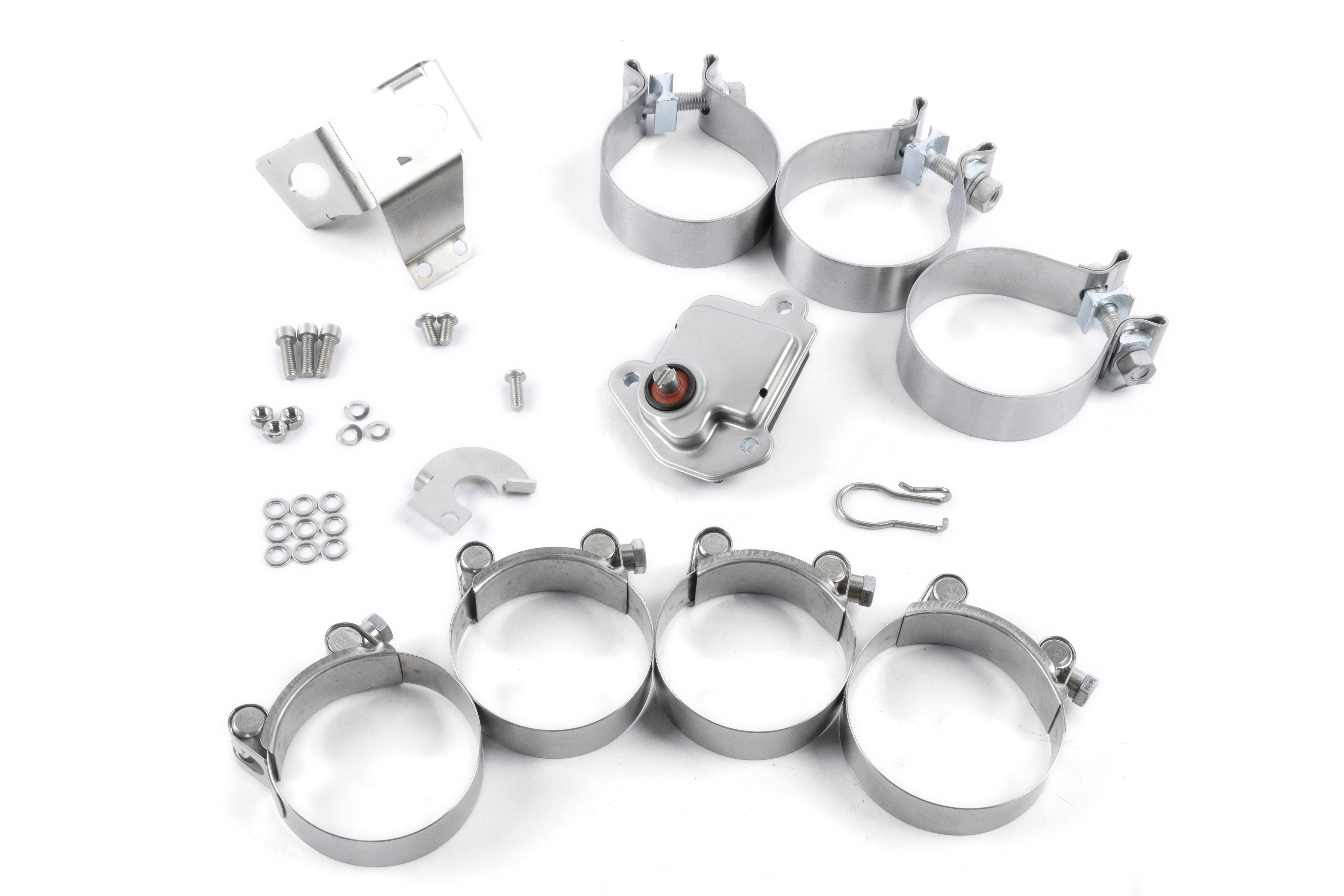 A studio shot of the complete Dinan Valved Cat-Back Exhaust System for the BMW X3 M40i and X4 M40i. The high-quality brushed T304 stainless steel assembly is displayed on a white background.