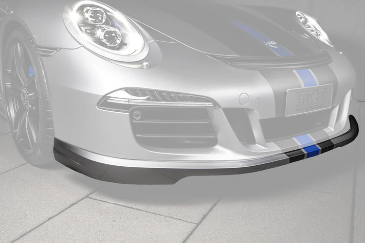 A close up front view of TECHART Front Spoiler I for Porsche 991.1 GTS & SportDesign with the spoiler highlighted