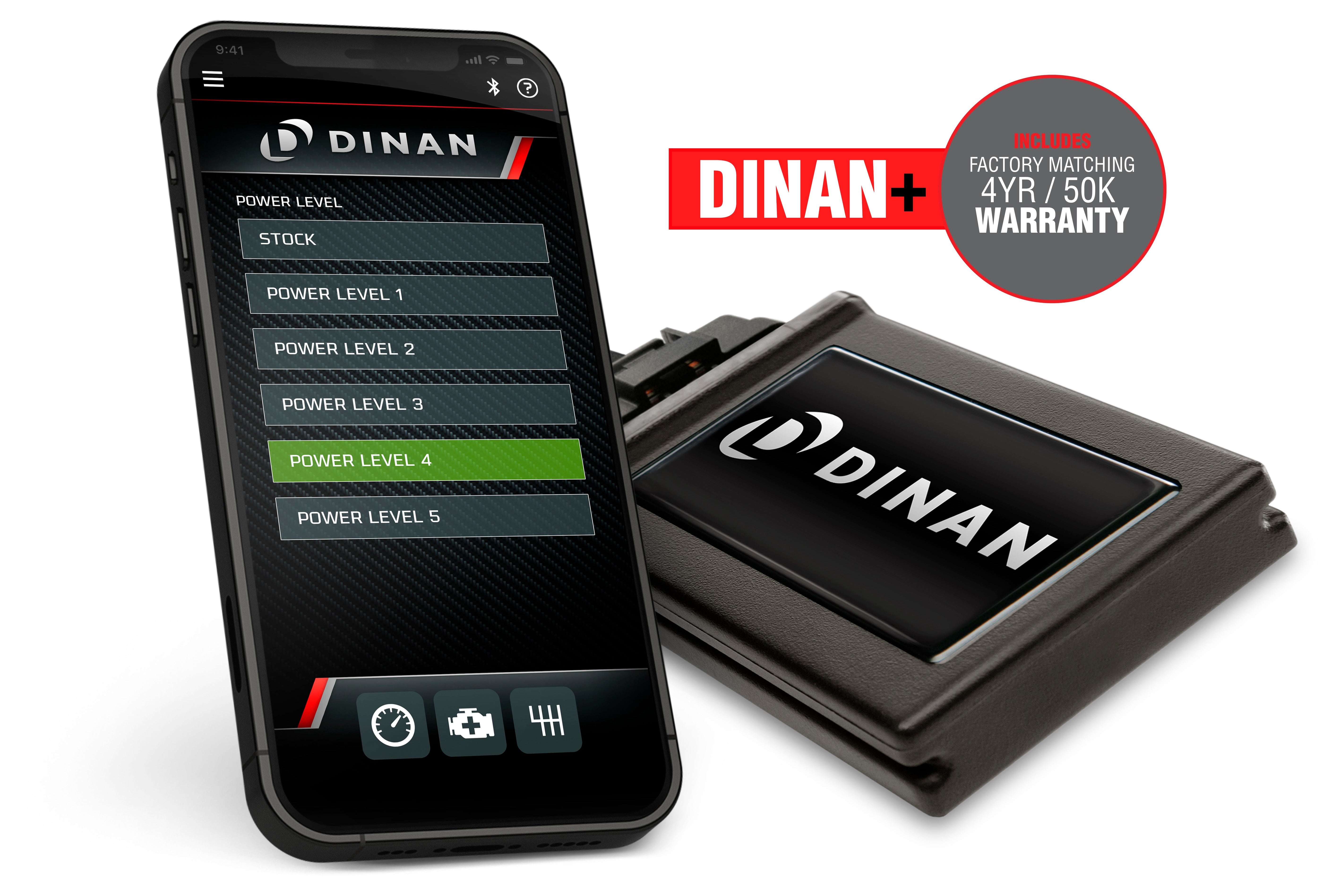 Dinan Power Control Unit (PCU) module and smartphone app featuring a "Dinan+" badge highlighting the included 4-year or 50,000-mile factory matching limited warranty.
