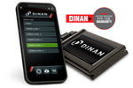 Dinan Power Control Unit (PCU) module and smartphone app featuring a "Dinan+" badge highlighting the included 4-year or 50,000-mile factory matching limited warranty.