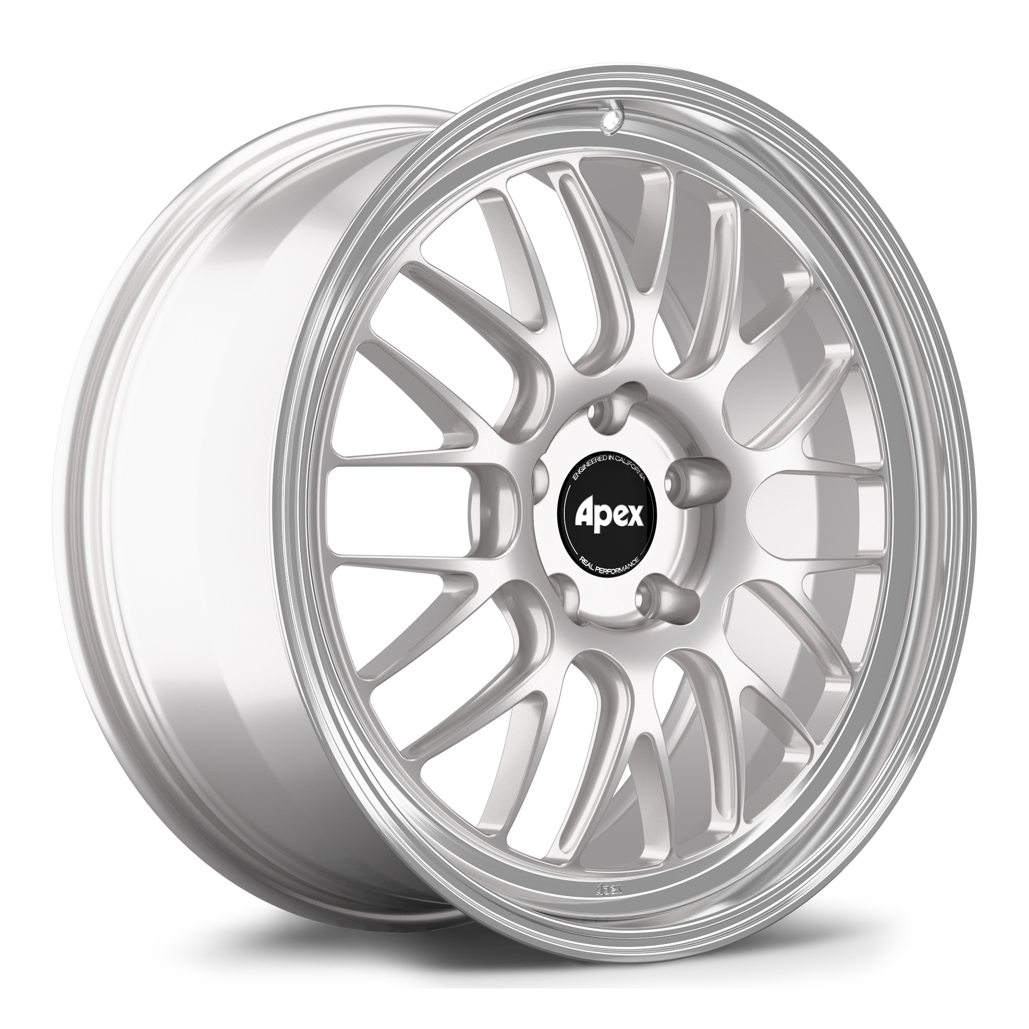 Silver alloy wheel with multi-spoke design and polished machined finish on clean white background - APEX Wheels wheel for 20x9 ET41 5x130 - Race Silver - Machined Lip